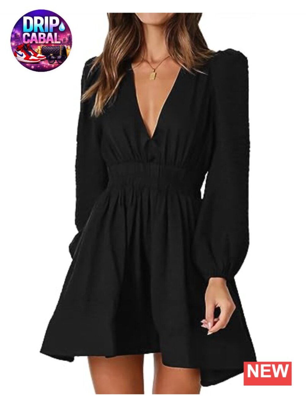 Women's A-Line Mini Dress, Deep V Long Sleeve Flowy Casual Dress for Wedding
